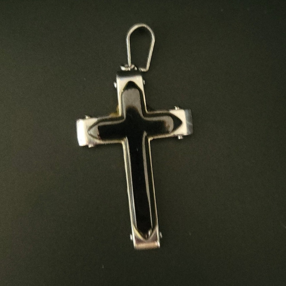 Vintage Silver Tone‎ Black Inlay Cross Pendant Religious Charm 1.5 Inch Goth